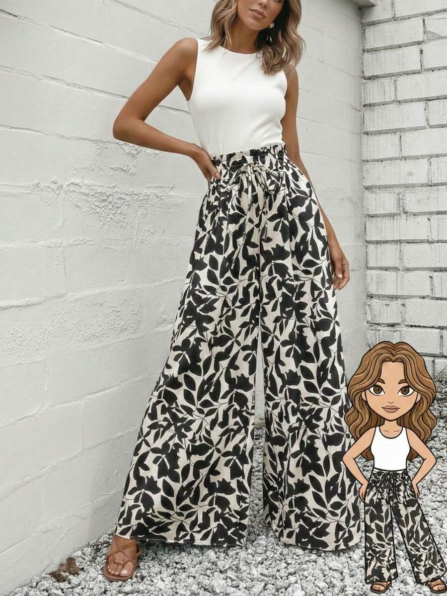 女士波西米亚风花卉叶子印花高腰褶皱阔腿沙滩裤，适合度假春季穿着，黑色 - 黑色 - 查看 1