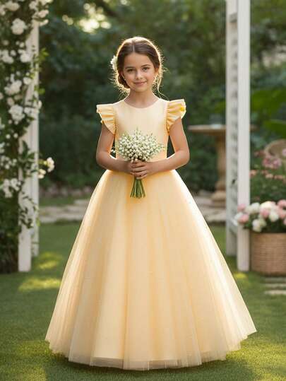 Young Girl High-End Cap Sleeve Backless Hollow Pearl Detachable Bow Princess Tulle Dress, Suitable For Teenager Flower Girl Wedding Party Formal Occasion