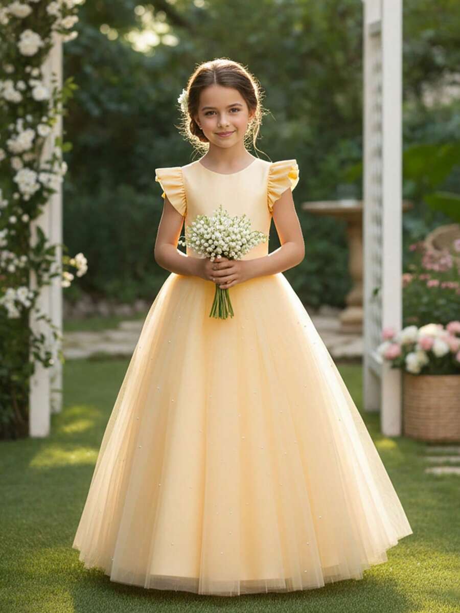Young Girl High-End Cap Sleeve Backless Hollow Pearl Detachable Bow Princess Tulle Dress, Suitable For Teenager Flower Girl Wedding Party Formal Occasion - 香檳色 - 查看 1
