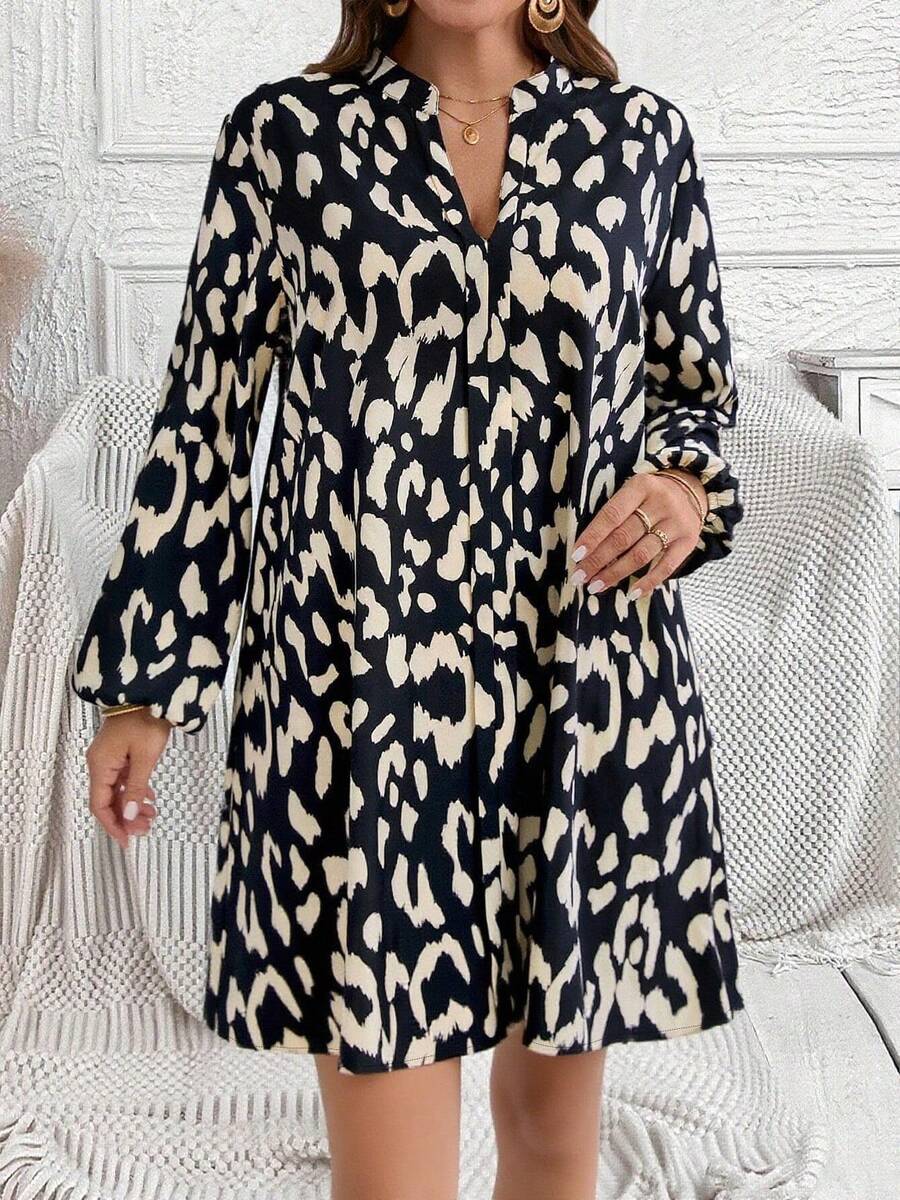 Plus Size Women Leopard Print Casual Long Sleeve Dress Spring Elegant - Multicolor - View 1
