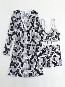 Biquíni Impressão Total Cordão Com Saida De Praia Kimono 3-Pieces Geometric Print Bikini Sets, V Neck Boxer Short Bottom With Cover Shirt Long Sleeves Swimsuit, Women's Swimwear - Preto e Branco - Visão 5
