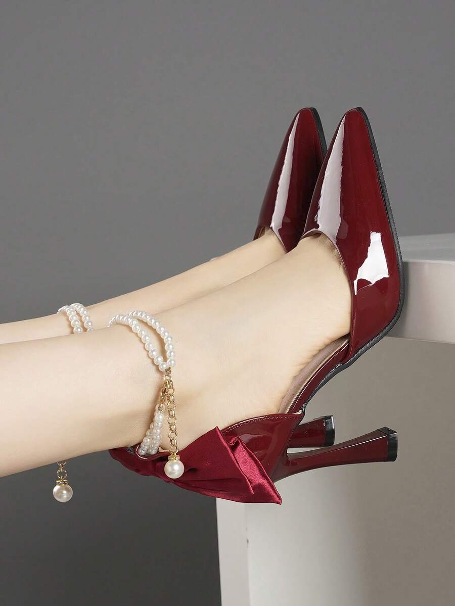 Spring New Fashion Bow Tie Black & Burgundy High Heel Pointed Toe Pumps, French Style Versatile Party & Wedding Shoes For Women - Burgundy - View 1