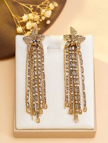 1对复古水钻花朵流苏耳环，奢华长款镶钻法式优雅晚宴派对百搭独特设计魅力耳环 - 彩色 - 查看 1