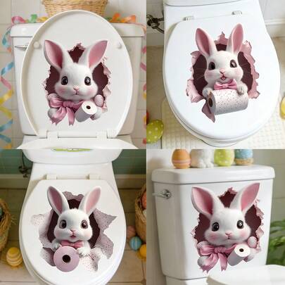 1/3pcs Cute Pink Rabbit Toilet Sticker With A 3D Effect, Removable, Self-Adhesive, And Waterproof PVC Decal, Suitable For Bathrooms, Bedrooms, Toilet Lids, Or Water Tanks.