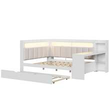 MERAX Full Size Daybed With Storage Shelves,Trundle,Charging Station,LED Light,Desk And Upholstered Headboard And Backrest,White+Beige-Trundle - Giường cỡ lớn - màu trắng (có giường kéo phụ) - Xem 9