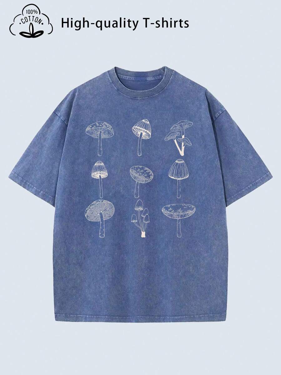 Summer Tops2026Women'S Vintage Distressed Oversized T-Shirt - Heavyweight Soft Washed Texture, Loose Fit Round Neck Short Sleeve With Retro Mushroom & Forest Print - Casual Casual Attire, All-Season Comfort, S-XXL Sizes (Grey/Beige) - Breathable Layered Outfit Essential For Women'S Fashion, Street Retro Style Geometric Pattern, Relaxed Fit, Machine Washable, Minimal Shrinkage, Vintage-Inspired Design With White Mushroom & Tree Print, Oversized Relaxed Fit For Layering, Oversized Women'S, Tsummer Clothes Washed Cotton - 寶藍色 - 查看 1
