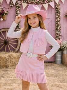 Children's And Youth Country Cowgirl Outfit With Fringe - Watermelon Pink - View 2