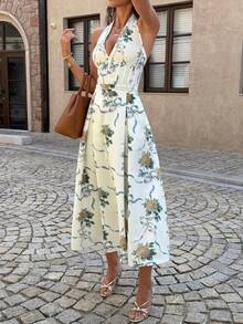 Unadoll Women's Summer Sexy Elegant Dress, Low Cut, Lace Up Neck, Backless Zipper, Waist Pleat Design, Printed Fabric Dress, Suitable For Beach, Vacation, Date, Garden, Birthday Dressing - Yellow - View 4