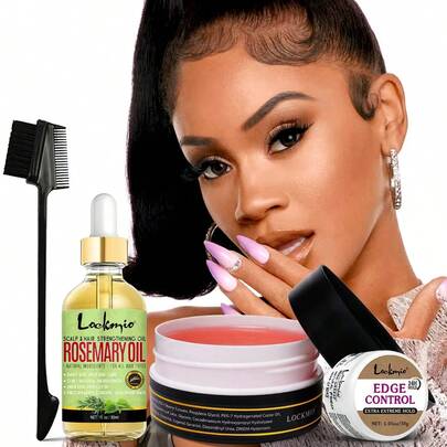 女士发蜡，含蓖麻油，不油腻，强力定型，不产生碎屑，控制毛躁，抚平发际线，滋养保湿。造型套装包含迷迭香精油和发蜡刷，适用于假发和真发。