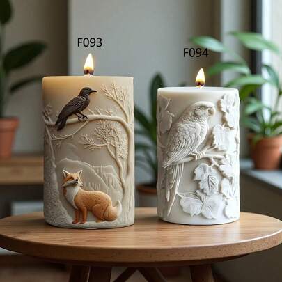 杜鹃花枝浮雕圆柱蜡烛硅胶模具，小鸟乌鸦叶枝树脂硅胶模具，玫瑰花鸟浮雕圆柱混凝土水泥石膏硅胶模具，水泥模具，混凝土浇铸，花卉浮雕，叶子图案，柔性模具，耐用硅胶，装饰模具，树脂艺术模具，蜡烛制作