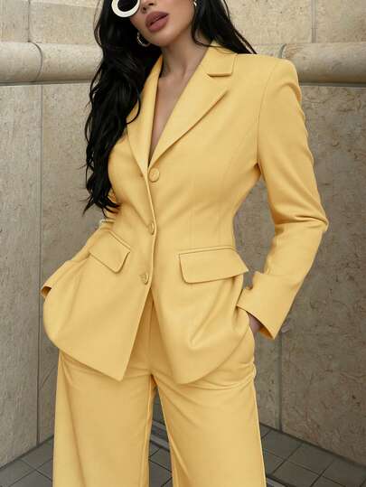 Women's Elegant Slim-Fit Single-Breasted Pale Yellow Blazer Jacket, Suitable For Commuting, Outings, Holidays, Parties, And Street Photography Spring