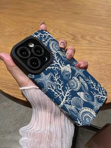 1件装简约个性化海洋元素线条画贝壳海星图案竖款仿皮纹理防滑防摔软手机壳，适合作为礼物送给朋友和爱人，兼容苹果 17/17AIR/17PRO/17PROMAX - 彩色 - 查看 5