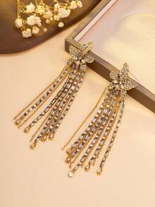 1对复古水钻花朵流苏耳环，奢华长款镶钻法式优雅晚宴派对百搭独特设计魅力耳环 - 彩色 - 查看 4