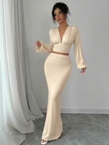 2pcs Set: Deep V-Neck Long Sleeve Ruched Top And Fitted Side Slit Maxi Skirt, Fashionable Casual Sexy, Suitable For Commuting, Minimalist Elegant, Spring/Summer New Women Outfit - Light Apricot - View 4