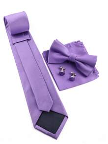 ZONFAZ 4pcs Men's Business Minimalist Solid Ribbed 8cm Necktie, Bow Tie, Pocket Square & Cufflinks Combo Set, Suitable For Weddings, Parties And Daily Commute - Mauve Purple - View 4