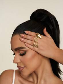 3pcs/Set Unique Punk Style Exaggerated Glossy Round Open Rings, Geometric Curved Surface Rings, And Geometric Glossy Cross Rings - Yellow Gold - View 5