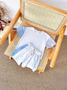 2pcs/Set Unisex Baby/Toddler Casual Solid Color Patchwork Short Sleeve T-Shirt And Shorts Summer Outfit - Blue - View 2