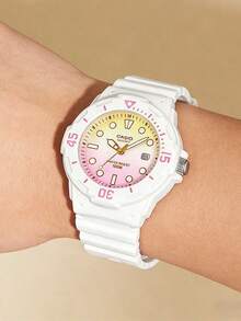 Casio Women's Cute White Resin Sports Watch, Sweet Soft Rainbow Gradient Dial With Date Display, Fashionable Summer Girl's Watch LRW-200H-4E2 - Yellow Pink - View 3