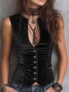 Women's Fashion Bohemian Retro Sleeveless Velvet Tank Top, V-Neck Bodycon Waist Cinched Velvet Camisole, Solid Color Velvet Metal Button Elegant For Daily Wear & Dates, Spring/Summer - 黑色 - 查看 1
