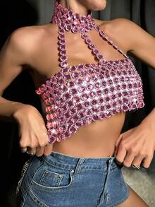 Women's Shiny Summer Sleeveless See-Through Backless Crop Top With Design For Parties   The Most Dazzling Women's Outfit For Gatherings And Parties - 粉色 - 查看 2