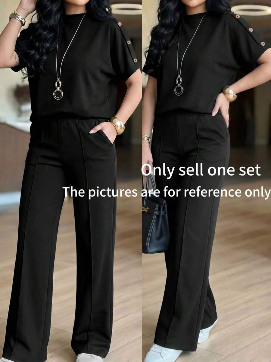 女士新款圆领短袖T恤和松紧腰宽松裤两件套，春夏款 - 黑色 - 查看 1