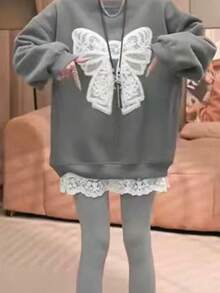 女士蕾丝下摆加长吊带裙，百搭休闲荷叶边卫衣裙，春秋季 - 白色 - 查看 2