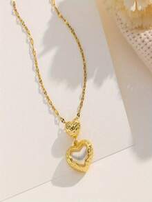 1pc Gold Stainless Steel Chain Cubic Zirconia Heart Pendant Necklace, Creative Personalized Design, Luxury Retro Unisex Minimalist Fashion , Suitable For Couples, Street, Daily, Holiday, Party Wear (OPP Bag Packaging) - Gold - View 4
