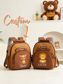 Personalized Mini Patchwork Animal Backpack, Custom Name Bear Dinosaur Giraffe Lion Bag, School And Travel Backpack With Chain Clasp Design - Black - View 1