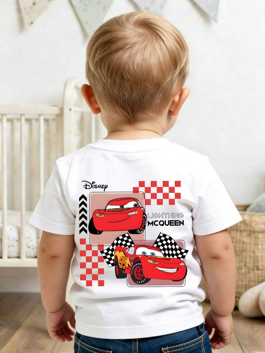 This Disney Cars Lightning McQueen Graphic Casual Short-Sleeved T-Shirt With A Round Neckline Is Designed For Both Baby Boys And Girls, Making It An Ideal Choice For Summer Wear. - trắng - Xem 1