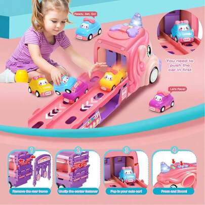 1 Set Unicorn Princess Car Toy Set, Includes Foldable Track, 2-Player Racing Game, Light & Sound Push Transport Truck, 6 Princess Cars, Children's Car Toys, Girls' Toys, Outdoor Toy Vehicles, Children's Gift