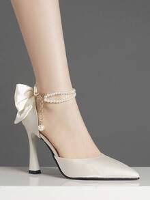Spring New Fashion Bow Tie Black & Burgundy High Heel Pointed Toe Pumps, French Style Versatile Slip-On High Heels For Party & Wedding - Chantilly - View 4