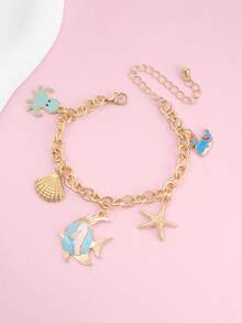1pc Cute Ocean Style Dolphin, Fish, Shell Charm Bracelet, Perfect Summer Accessory To Match Beautiful Outfits - Gold - View 1