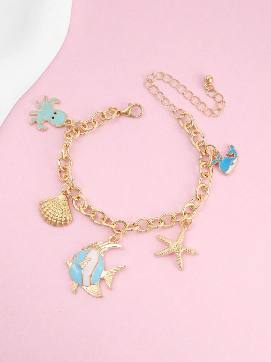 1pc Cute Ocean Style Dolphin, Fish, Shell Charm Bracelet, Perfect Summer Accessory To Match Beautiful Outfits - Gold - View 1
