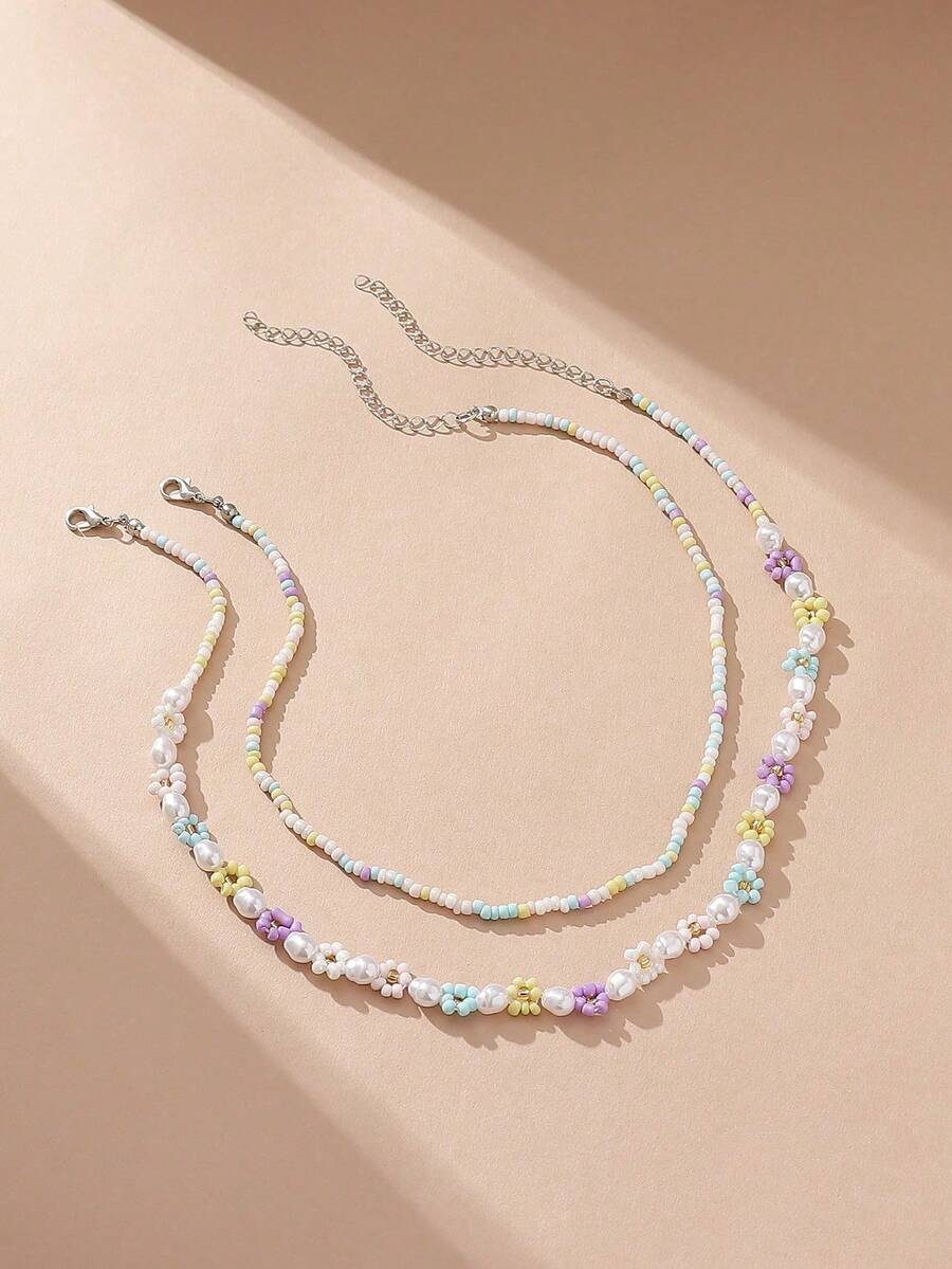 2pcs Bohemian Chic Beaded & Pearl Flower Necklace Set, Handmade Jewelry Suitable For Vacation & Daily Wear - Multicolor - View 1