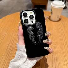 Alas de ángel con fondo negro brillante. Esta elegante funda negra es compatible con Samsung, Apple, VIVO, OPPO, , Transsion, ,  y Honor. Fabricada en silicona con textura de cuero, ofrece protección contra golpes y caídas, además de una sensación superior. Es un regalo ideal para familiares, amigos y seres queridos, y una opción perfecta para San Valentín y Año Nuevo. - Negro - Ver 4