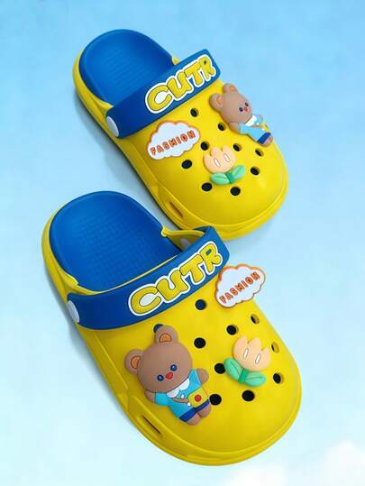 Kids Slippers, Cute Cartoon Indoor Home Slippers, Boys & Girls Wooden Clogs Slippers For Summer