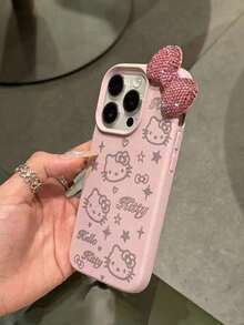 SANRIO 1 pieza Funda protectora de teléfono con textura de cuero rojo, diseño 3D de Kitty con lazo, a prueba de golpes, compatible con iPhone11/12/13/14/15/16/17/PROMAX - Rosa - Ver 3