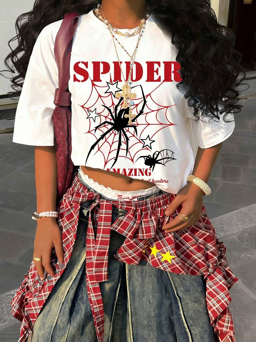 Y2K Hot Girl Style Spider Web Print T-Shirt - Dark Street Style Loose Short-Sleeved (180g Cotton T-Shirt) Cotton T-Shirt - Soft And Breathable, 100% Cotton Fabric - A Comfortable And Vibrant Short-Sleeved T-Shirt With A Summer Street Style, Featuring A Cool Design And A Retro Summer Vibe, Suitable For Daily Wear By Both Men And Women. - 白色 - 查看 1