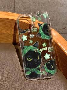 可爱绿色头巾黑猫透明图案印花全包防震防摔TPU软橡胶手机壳，兼容和三星Galaxy - 彩色 - 查看 1