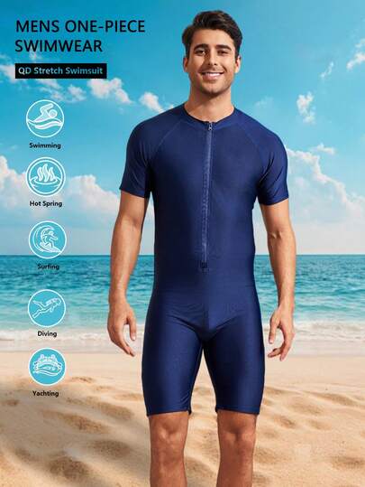 Men's Navy Blue One-Piece Swimsuit, Front Zipper Short Sleeve Quick Dry High Elasticity Swimwear Suitable For Surfing And Diving