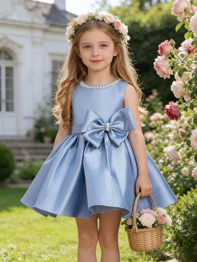 年轻女孩优雅蓝色无袖水钻蝴蝶结装饰公主裙，适合花童、婚礼、生日派对、舞会、毕业典礼、圣诞节