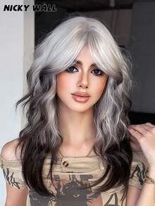 NICKY WALL 20 Inch Long Wavy Wave White Wig With Curtain Bangs,Black Ombre, Heat Resistant Synthetic Fiber Wig, Suitable For Daily Wear Party Use - 漸層黑色 - 查看 1