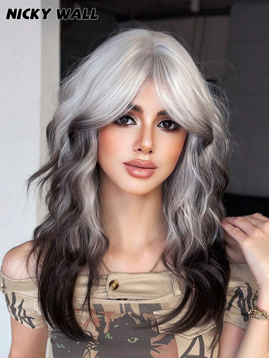 NICKY WALL 20 Inch Long Wavy Wave White Wig With Curtain Bangs,Black Ombre, Heat Resistant Synthetic Fiber Wig, Suitable For Daily Wear Party Use - 漸層黑色 - 查看 1