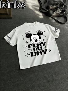 Disney Binks (Double-Sided Printing): Mickey Mouse Pixel Element Cartoon Printed Short Sleeved T-Shirt, High Street  Brand Loose Short Sleeved T-Shirt. Spring And Summer Fashionable Versatile Top, Holiday Gift, Vintage Print. - 白色 - 查看 2