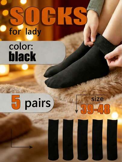 5 Pairs Super Thick Fleece Lined Warm Winter Socks (Size 39-46) - Comfortable And Soft Christmas Gift For Dad, Suitable For Cold Weather, Long Socks, Winter, Black Socks, Warm Women's Socks, Casual Thick Moisture-Wicking Comfortable Crew Socks For Autumn/Winter, Durable And Long-Lasting, Unisex