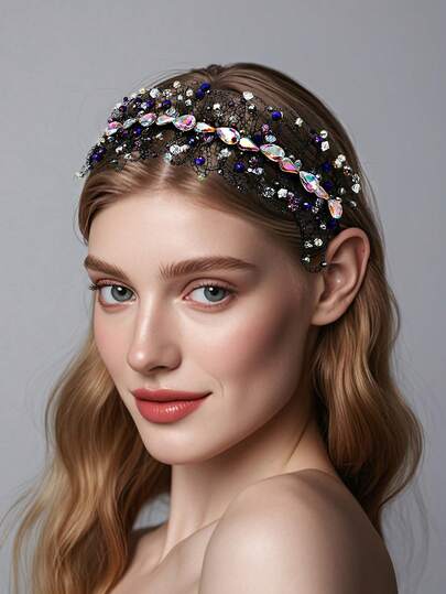 1pc Colorful Crystal Headband, Elegant Mesh Crystal Beaded Wide-Brim Headpiece, Suitable For Bride, Wedding, Celebration, Festival, Carnival Party, Casual Daily Wear For Women