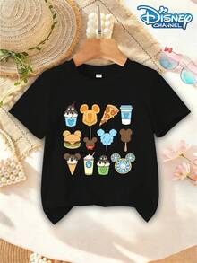 Disney Girls' T-Shirt Top With Mickey Mouse Themed Dessert Print, Cute Cartoon Design, Casual And Stylish Summer Everyday Wear, Round Neck Short Sleeve. - màu đen - Xem 2