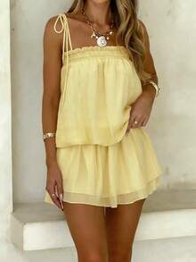 PoPoHouse Women's Elegant Yellow Ruffled Tie-Strap Top & Mini Skirt Set Summer Holiday Vacation Beach Outfit Casual Chic Party Going Out Suit - Yellow - View 6