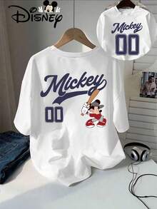 Genuine Disney Has Been Authorized, Mickey's Cartoon Pattern Is Printed With Mickey And The Number 00 Disney Pattern Next To His Baseball Bat-Short-Sleeved Cotton T-Shirt With Round Neck Design, Machine Washable, Comfortable And Casual, Men's And Women's T-Shirts. - trắng - Xem 1
