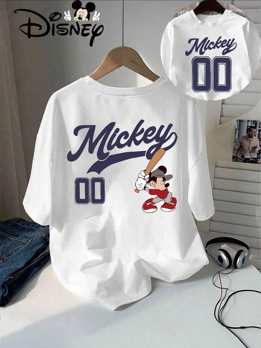 Genuine Disney Has Been Authorized, Mickey's Cartoon Pattern Is Printed With Mickey And The Number 00 Disney Pattern Next To His Baseball Bat-Short-Sleeved Cotton T-Shirt With Round Neck Design, Machine Washable, Comfortable And Casual, Men's And Women's T-Shirts. - trắng - Xem 1